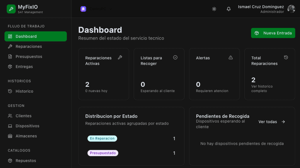 MyFixio Dashboard Dark Mode